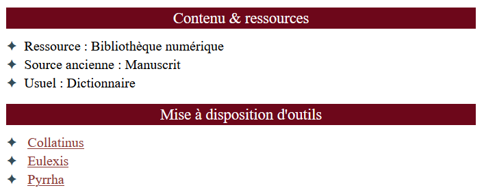 Capture d'écran de la fiche descriptive de Biblissima+ dans la table réseau de la Cartographie Antiqui.TXTes avec la liste des contenus et ressources, et une liste des outils mis à disposition par le réseau.