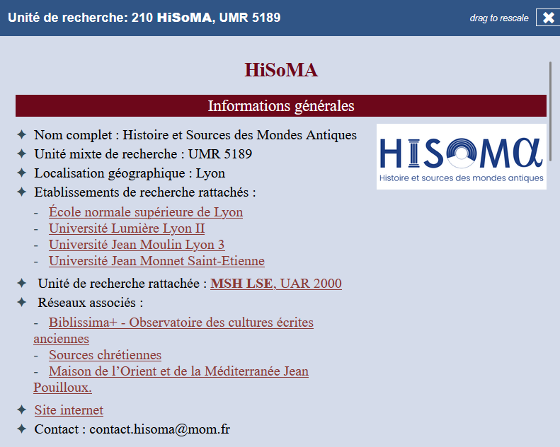 Fiche descriptive contenant les informations générales du laboratoire HiSoMA.