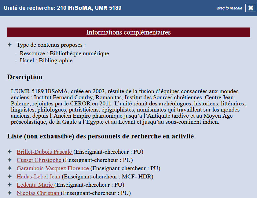 Fiche descriptive contenant les informations complémentaires du laboratoire HiSoMA.