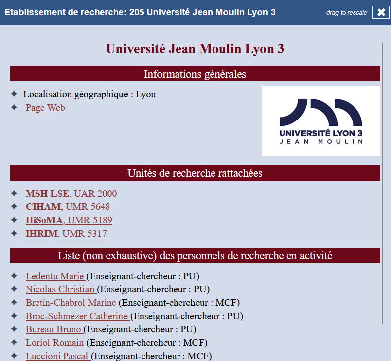 Fiche descriptive de l'université Jean Moulin Lyon 3, contenant les informations générales, les unités de recherche de rattachement et une liste non exhaustive de ses personnels de recherche rattachés.