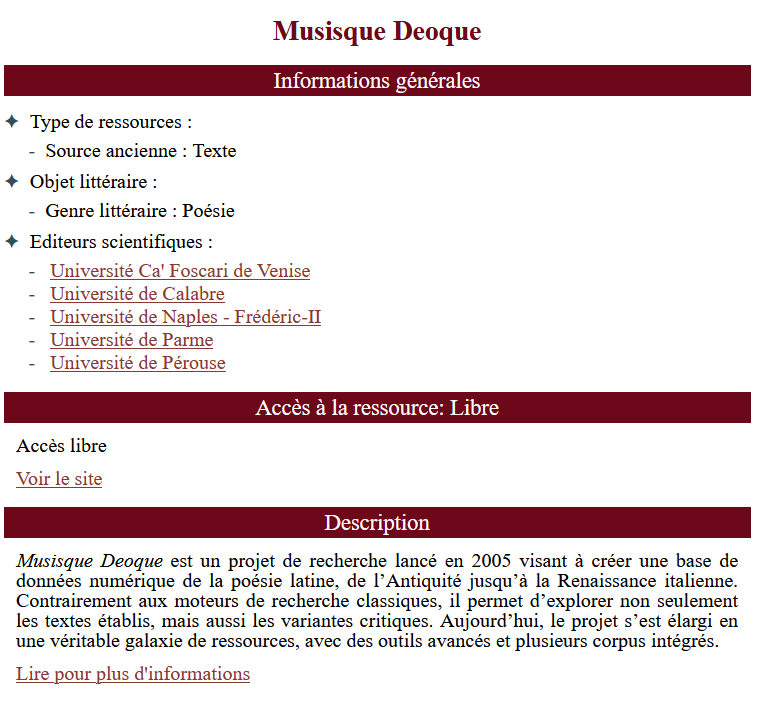 Fiche descriptive de la ressource Musisque Deoque : type de ressource, objet littéraire, éditeurs scientifiques, conditions d'accès et description.