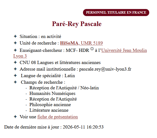 Fiche descriptive de Pascale Paré-Rey dans l'annuaire : situation, unité de recherche, statut et établissement, qualification CNU, adresse institutionnelle, langue de spécialité et champs de recherche.