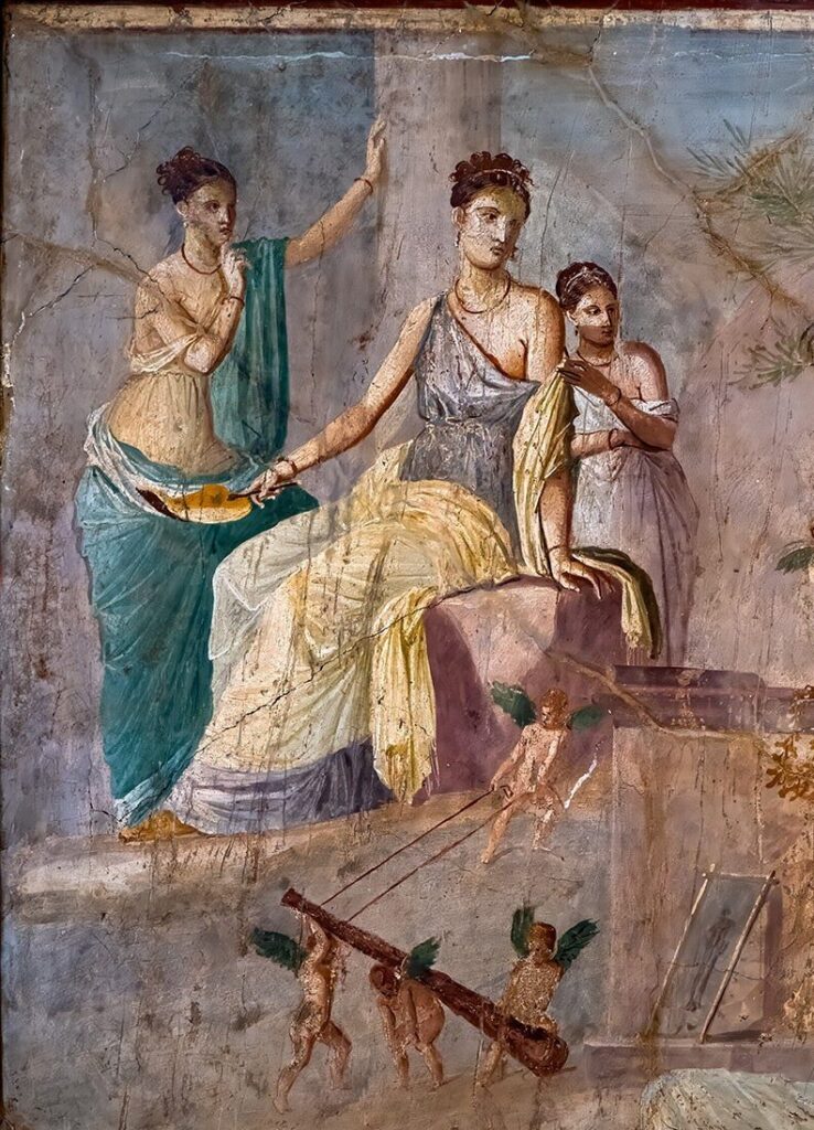 Détail de fresque montrant un homme barbu entouré de figures féminines, dans une scène de banquet.