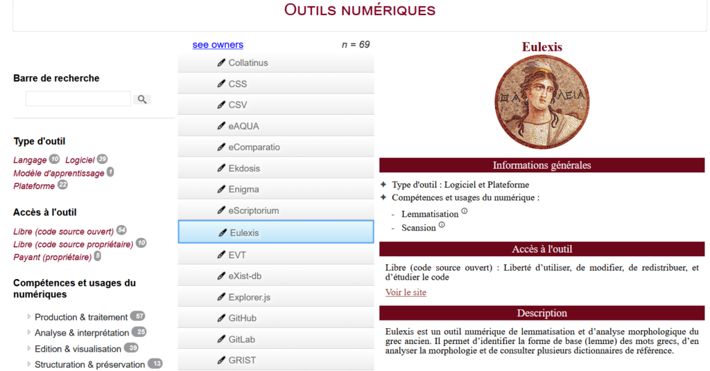 Interface de la Cartographie Antiqui.TXTes en trois colonnes : les filtres de recherche à gauche, la liste des soixante-neuf outils au centre, la fiche d'Eulexis ouverte à droite.