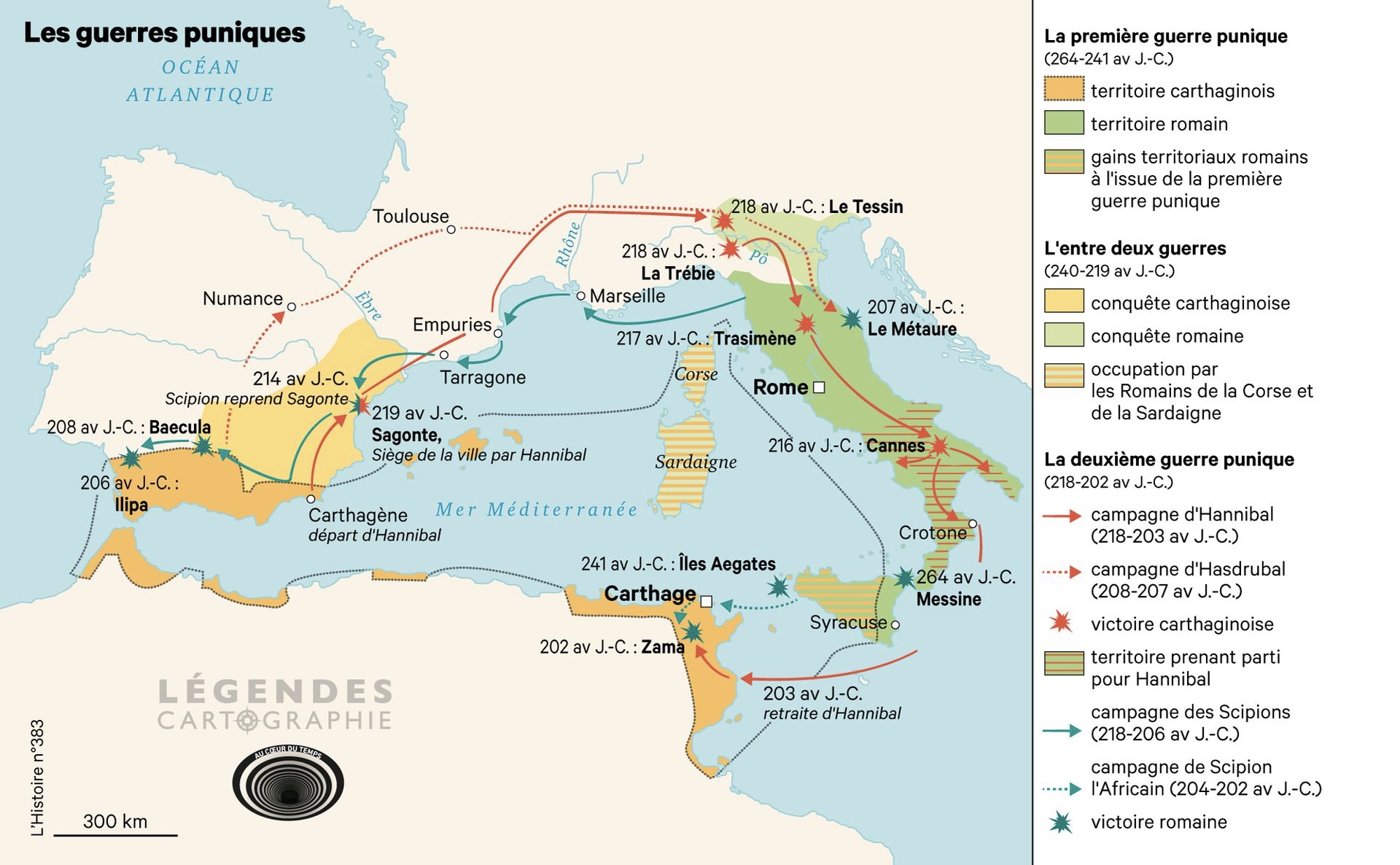 Carte de la Méditerranée occidentale montrant les territoires romains et carthaginois, les conquêtes de chaque camp entre les deux premières guerres puniques, les campagnes d'Hannibal, d'Hasdrubal et des Scipions, et les lieux des victoires romaines et carthaginoises, de Messine en 264 à Zama en 202 avant notre ère.