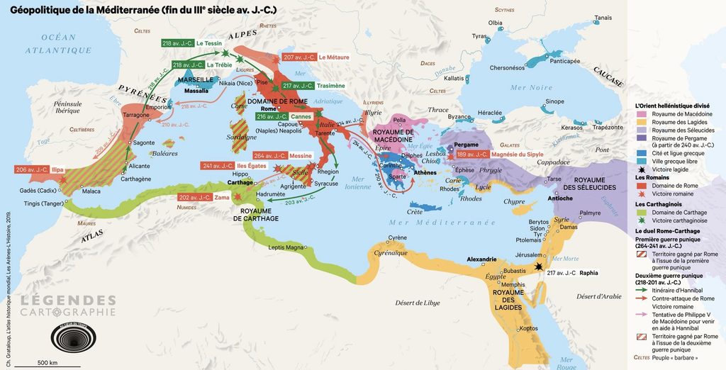 zones d'influence représentées, romaine et carthaginoise, et les rives concernées.