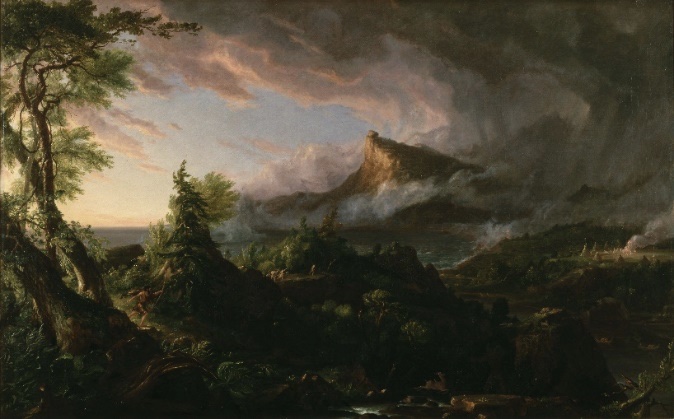 Paysage sauvage à l'aube, sous un ciel d'orage qui se déchire à l'horizon. Au premier plan, un chasseur vêtu de peaux poursuit un cerf ; au fond, un pic rocheux domine une baie et quelques huttes coniques fument près d'un feu.