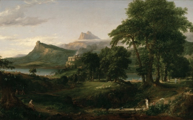 Campagne paisible par une matinée claire. Des troupeaux paissent, des paysans travaillent, un homme trace des figures au sol ; sur une colline, un temple à colonnes d'où monte une fumée de sacrifice. Le même pic rocheux se dresse au loin, au-dessus d'un lac.