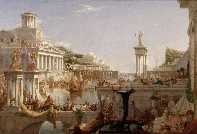 Cité de marbre au plein midi, les deux rives couvertes de temples, de portiques et de colonnades. Un cortège triomphal franchit un pont sous les acclamations ; au centre, une colonne porte une statue dorée. Le pic rocheux, désormais minuscule, se devine derrière les toits.