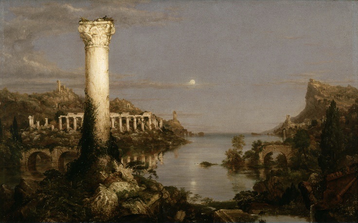 Les ruines de la cité au crépuscule, sous une lune levante. Une colonne isolée, envahie de lierre et couronnée d'un nid, se reflète dans l'eau calme ; au fond, les arches d'un pont et les colonnades effondrées disparaissent sous la végétation. Aucune figure humaine.