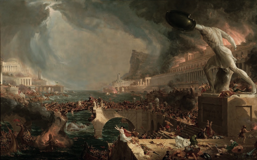 La même cité mise à sac sous une tempête. Les bâtiments brûlent, des combattants s'entretuent sur un pont rompu, des embarcations chavirent. À droite, une statue colossale décapitée brandit encore un bouclier au-dessus des corps.