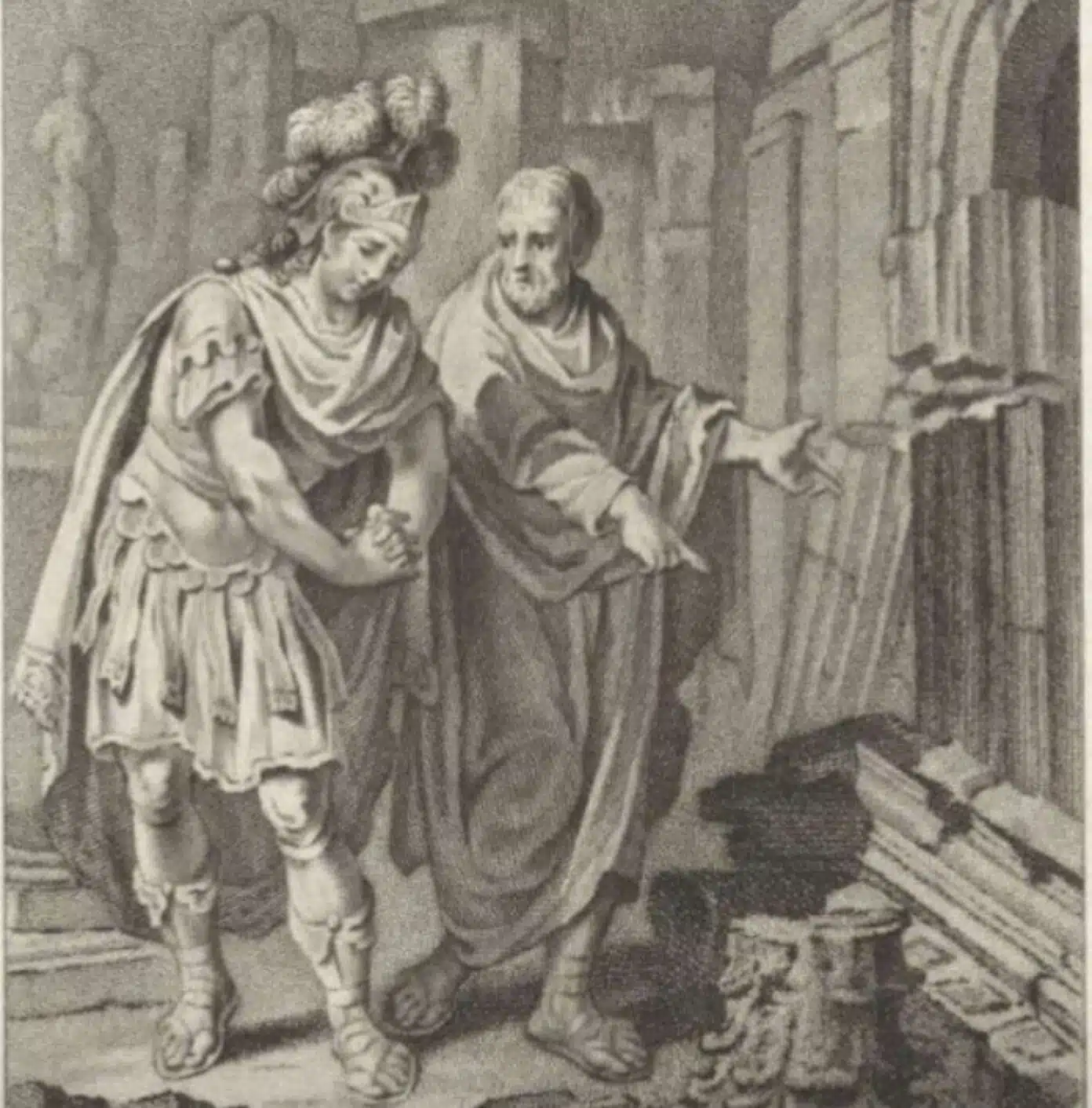 Gravure montrant deux hommes en toge debout au milieu de ruines, l'un désignant la ville détruite.