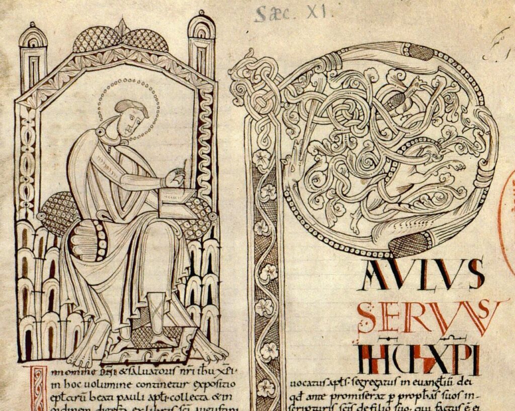 Enluminure de Saint Augustin écrivant sur son pupitre.