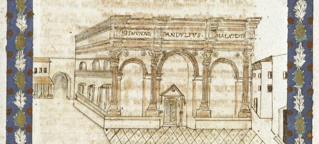 Enluminure du temple de Malatesta. La facade possède trois arche et une inscription à son sommet.