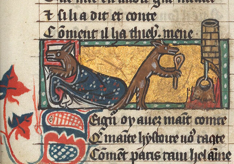 Enluminure montrant un renard allongé et une renarde devant un chaudron.