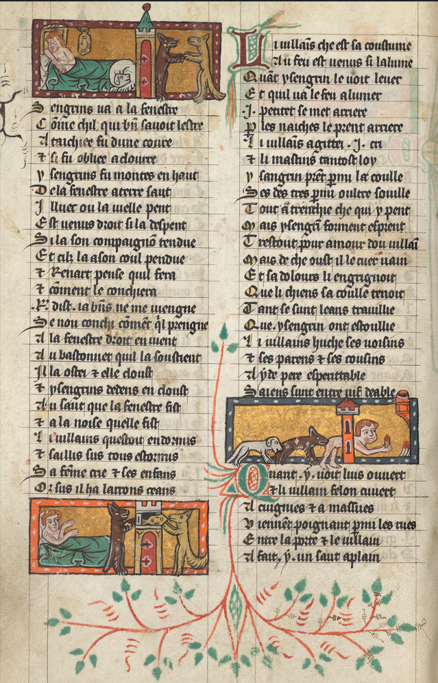 Enluminure en trois scènes successives montrant un renard et un loup dans une maison, puis un homme réveillé, puis un chien attaquant le loup.