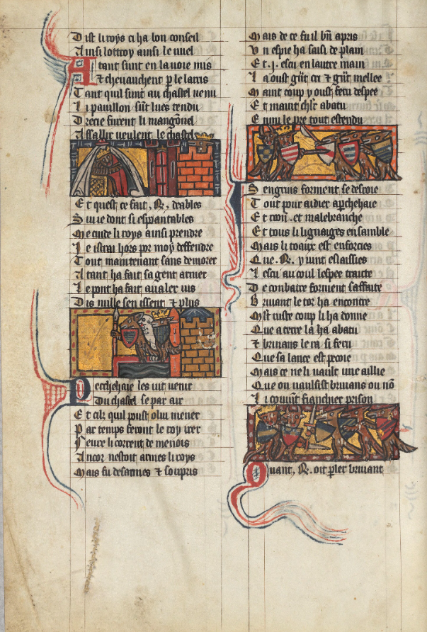 Page de manuscrit médiéval portant quatre enluminures réparties dans les colonnes de texte.