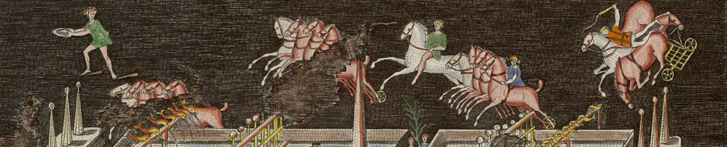 Détail d'estampe montrant un mur central surmonté de petites sculptures en forme d'œufs et de dauphins, avec des chars et un cavalier au-dessus.