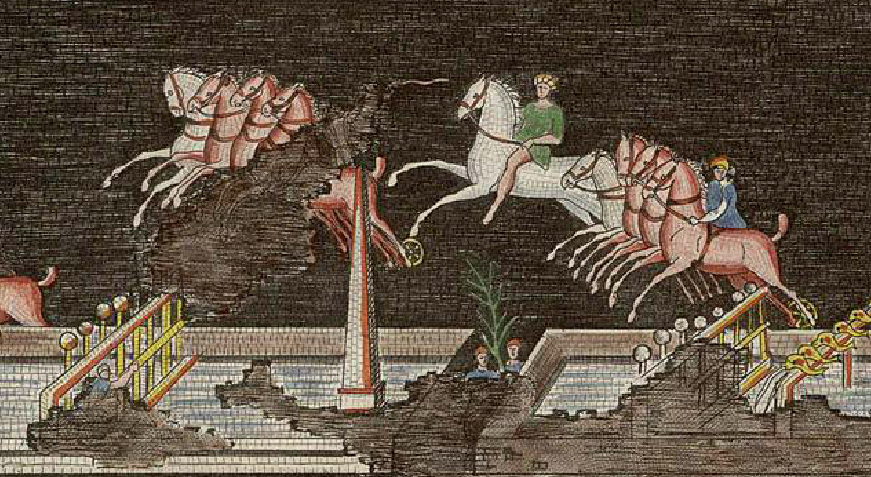Détail d'estampe colorée montrant un mur central surmonté de petites sculptures en forme d'œufs et de dauphins, avec des chars tirés par des chevaux et un cavalier au-dessus.