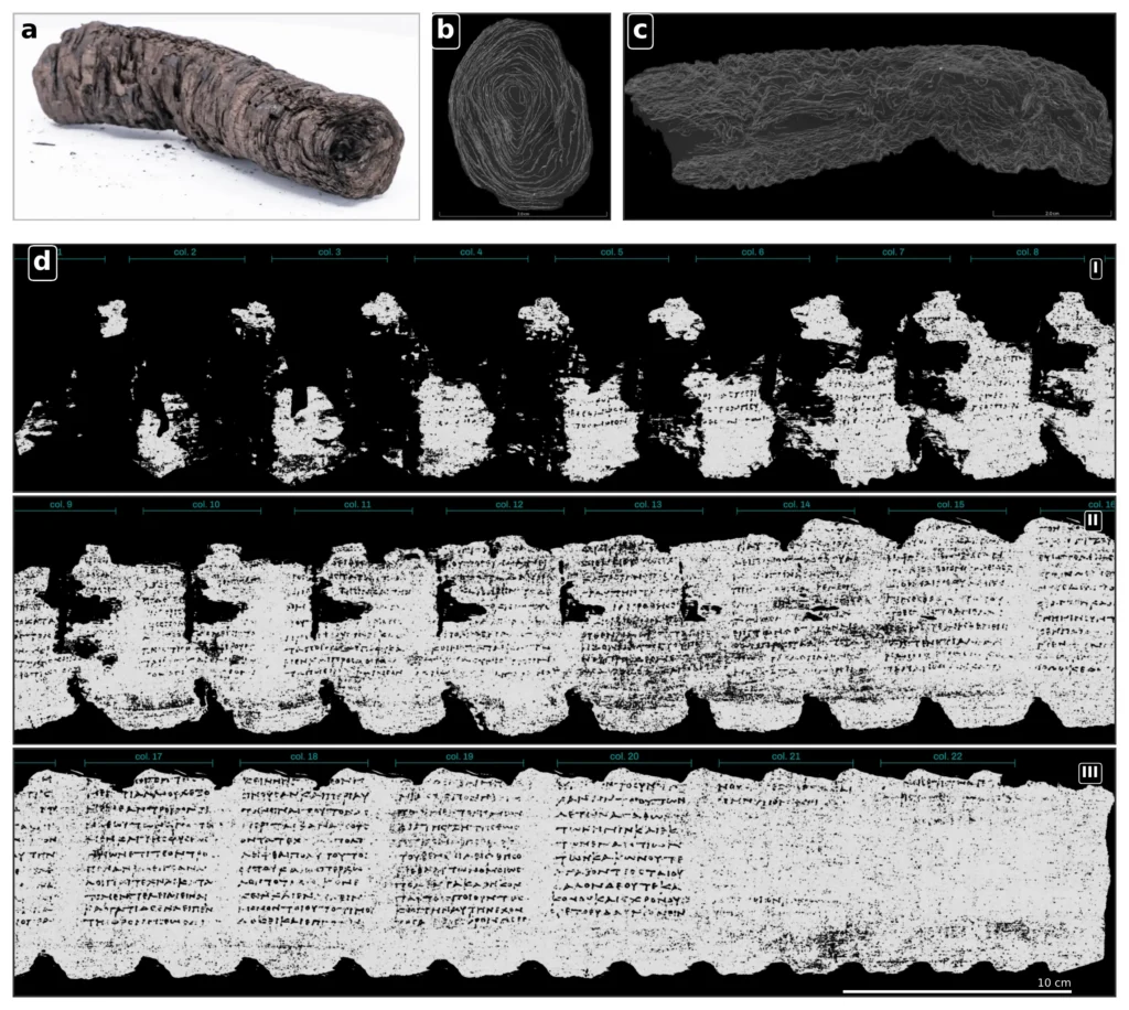 Montage en quatre parties : une photographie d'un cylindre noir carbonisé, deux coupes radiographiques montrant une spirale de couches, et une surface plane couverte de colonnes de grec.